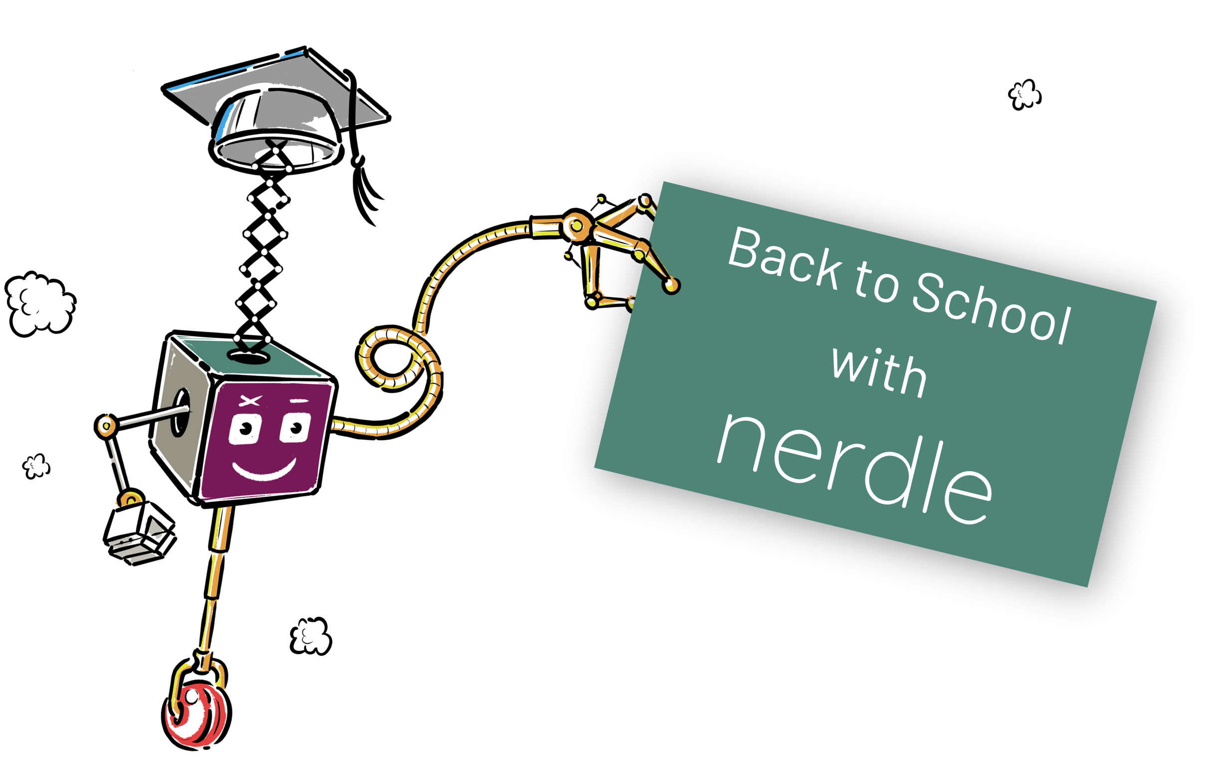 nerdle mathscot in a graduation cap holding a Back to School with nerdle sign